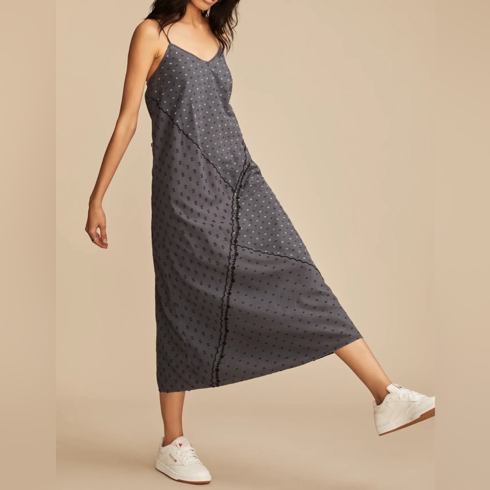 NWT Lucky Brand Textured Patchwork Dress India Ink Blue Embroidered.       20 - Picture 2 of 12